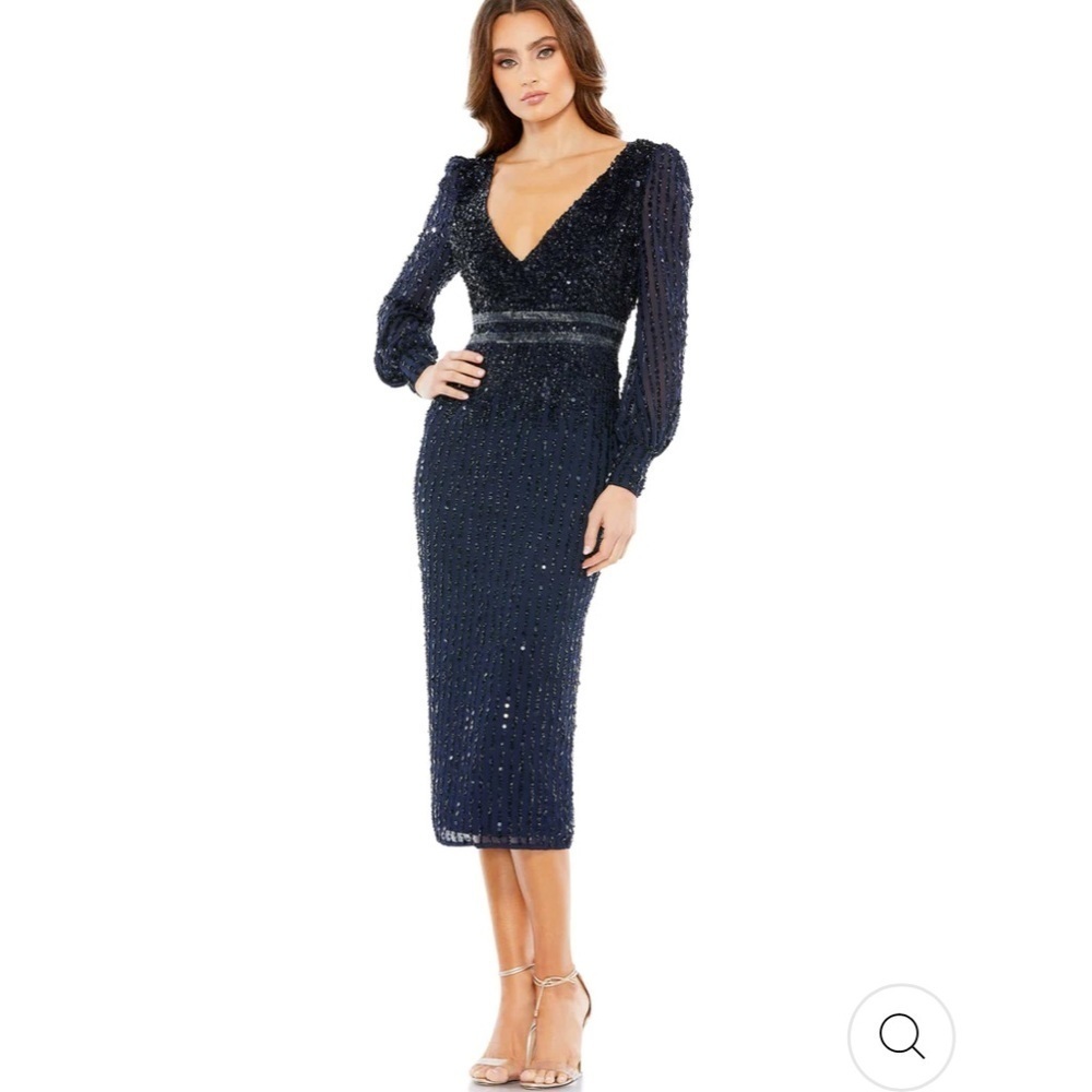 10 Mac Duggal Navy Long Sleeve Sequined Midi Dress 14 V neck Evening Formal - Picture 1 of 12